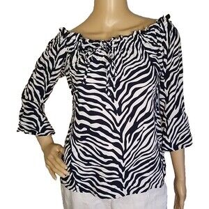 La Mer Luxe Black White Zebra Print Off The Shoulder Bell Sleeve Small Rayon  T5